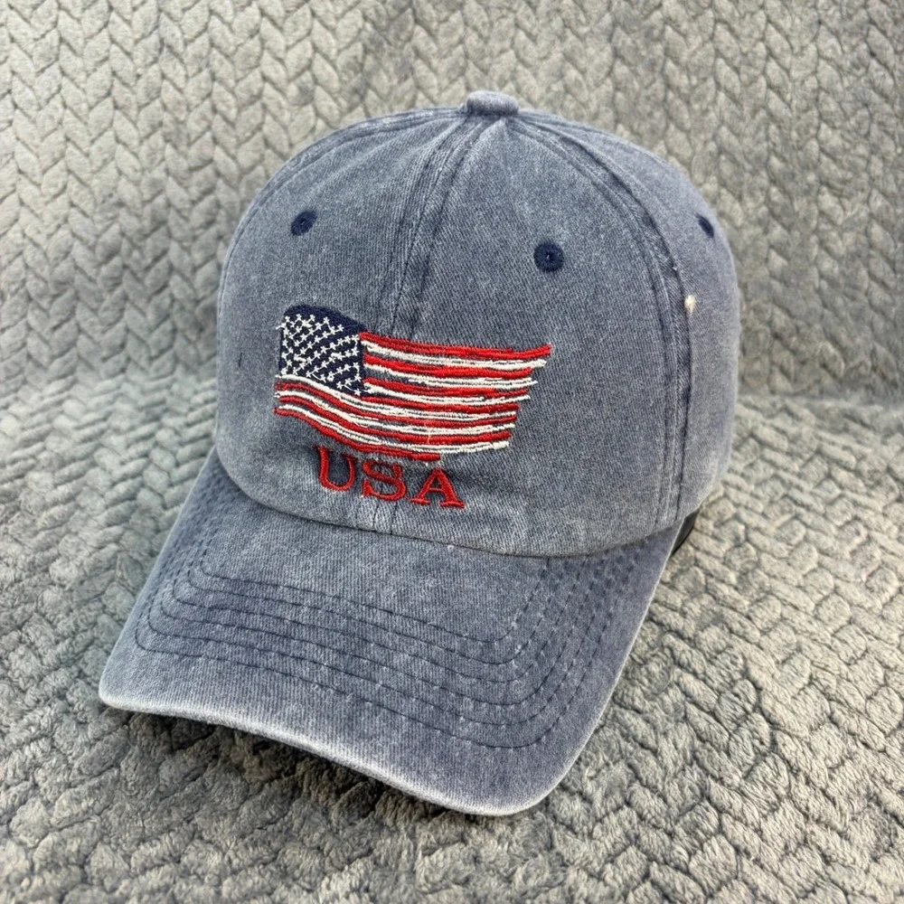 USA American Flag Embroidered Dad Hat Washed Blue Cotton Adjustable Baseball Cap